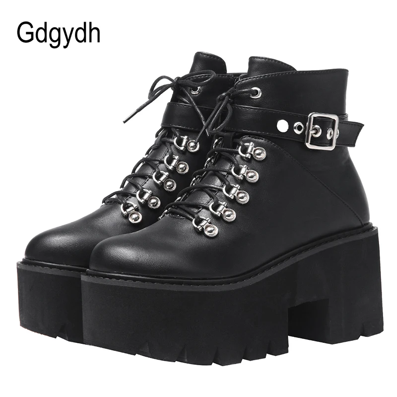 Женские ботинки со шнуровкой Gdgydh черные удобные на платформе и массивном каблуке