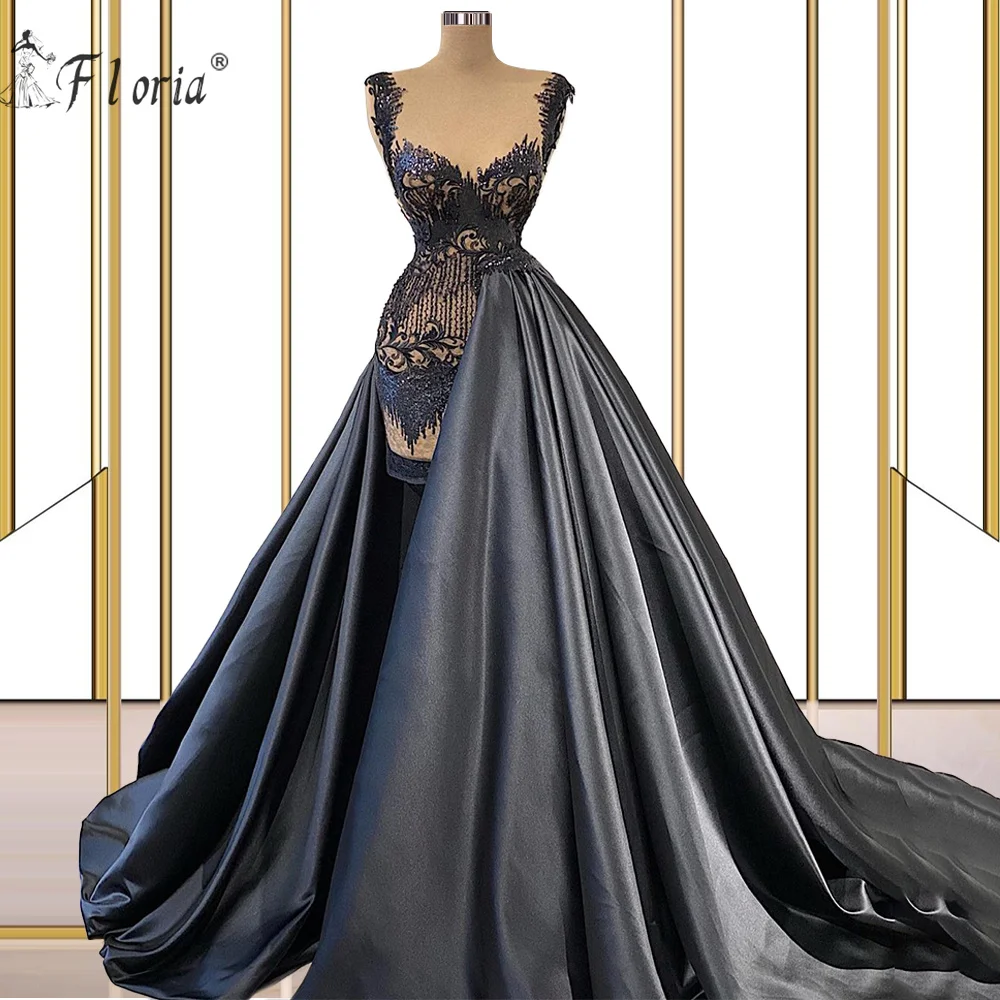 

Sexy Robe De Soiree Muslim Black Lace Evening Dresses 2020 With Detachable Train Sequin Moroccan Kaftan Formal Prom Party Gown
