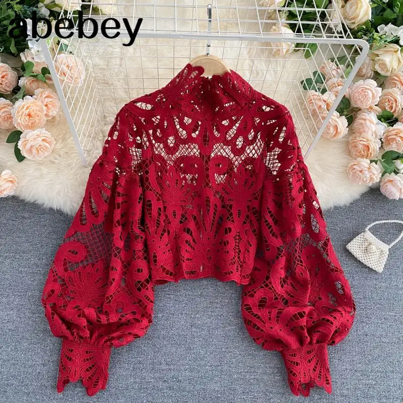 

Sexy Lace Hollow Out Short Blouse Casual Lantern Long Sleeve Stand Collar Shirts Female Elegant Red/Pink/White Loose Tops 2020