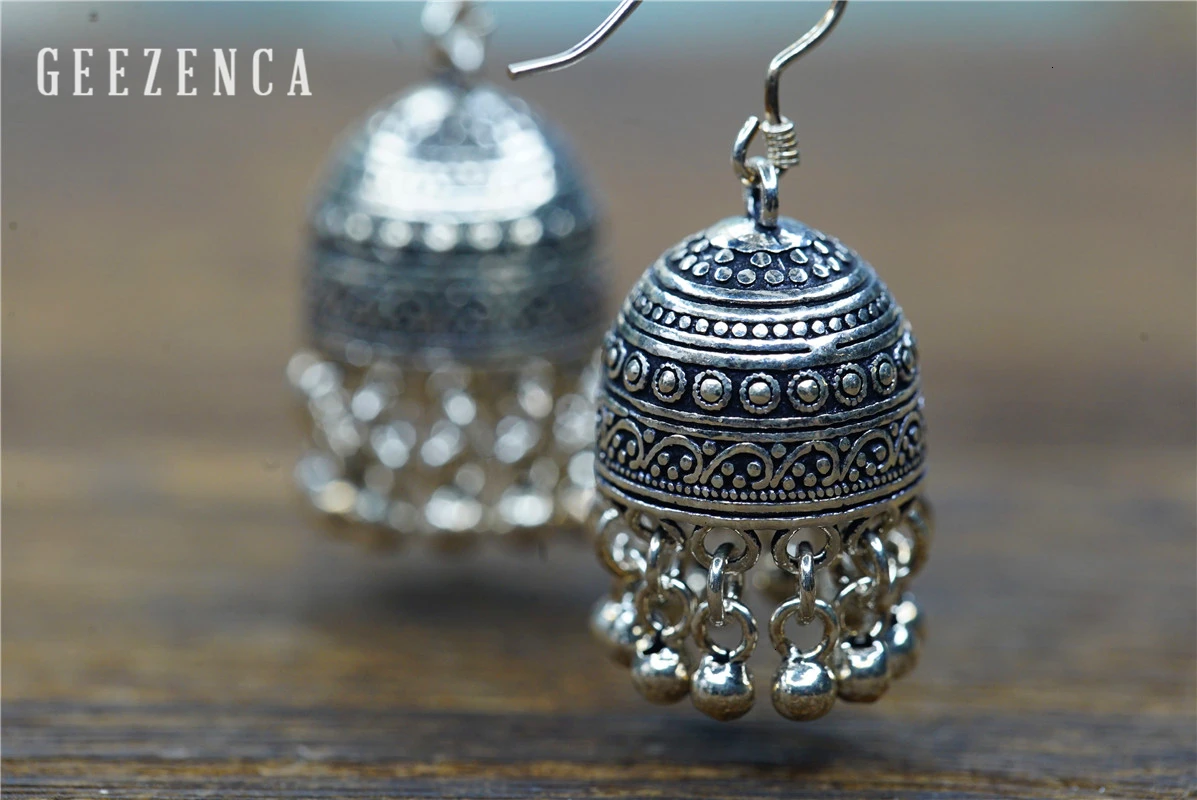 GEEZENCA 925 Sterling Silver Earrings for Women Indian Small Bells Beads Drop Earrings Ethnic Vintage Jewelry Party Gift
