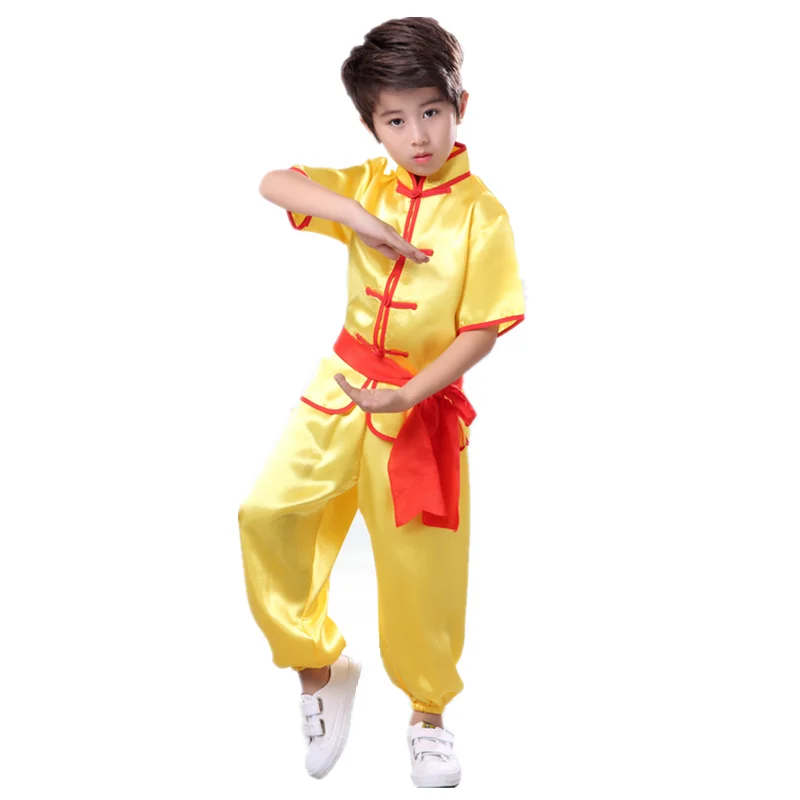 Yellow Short Set 100-180 см, детский костюм для ушу, Китайская традиционная короткая и полная форма Tai Chi, детские шелковые костюмы для кунг-фу, костюм для выступлений в стиле Тан - Цвет: Yellow Short Set