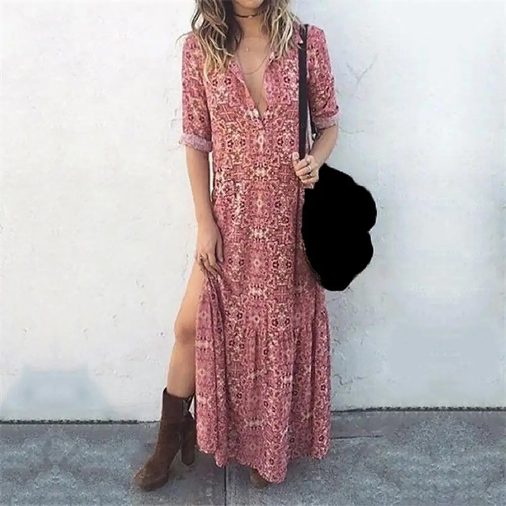 

Casual Long Sleeve Print Boho Maxi Dress For Women Summer Autumn Loose Floral Woman Bohemia Long Dresses Robe Femme Plus Size