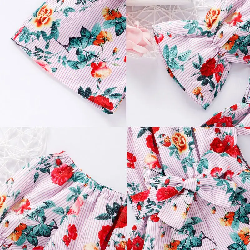 

Newborn Baby Girl Jumpsuit Flare Sleeve Romper Summer Woven Casual Floral Striped Clothes2