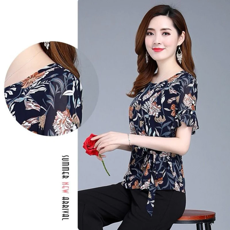 Женские повседневные Летние шифоновые блузки с круглым вырезом и цветочным