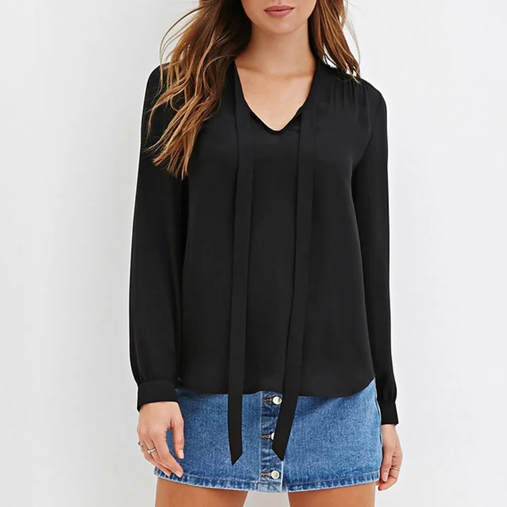 CHAMSGEND женская рубашка блузка размера плюс осень 2019 с галстуком бабочкой длинным