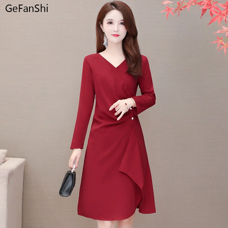 

Женское платье с V-образным вырезом, повседневное облегающее платье с длинным рукавом, с V-образным вырезом, в черном и красном цвете, Осень-з...