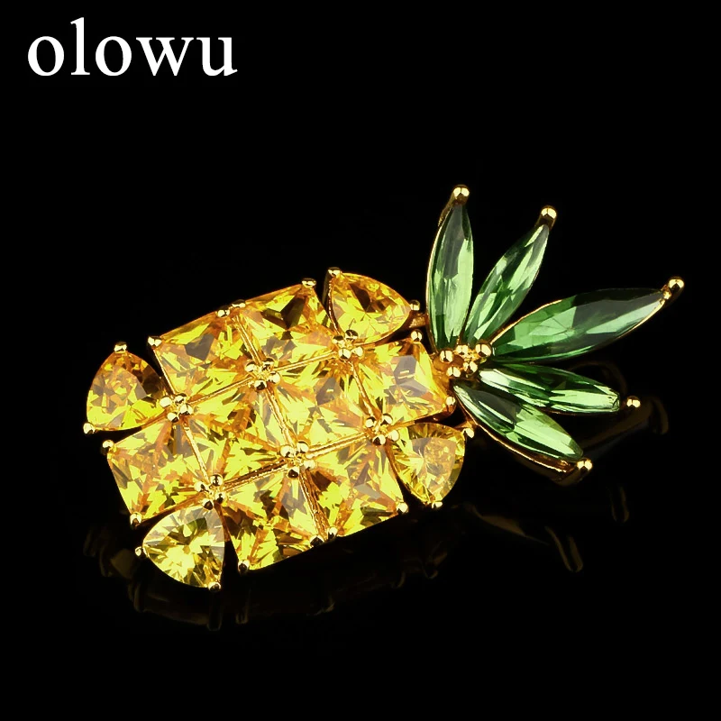 Olowu Мода фрукта ананаса CZ броши для Для женщин, ювелирные изделия для девушек, желтый и зеленый цвета из цветного циркона, хрусталя, брошь с застежкой