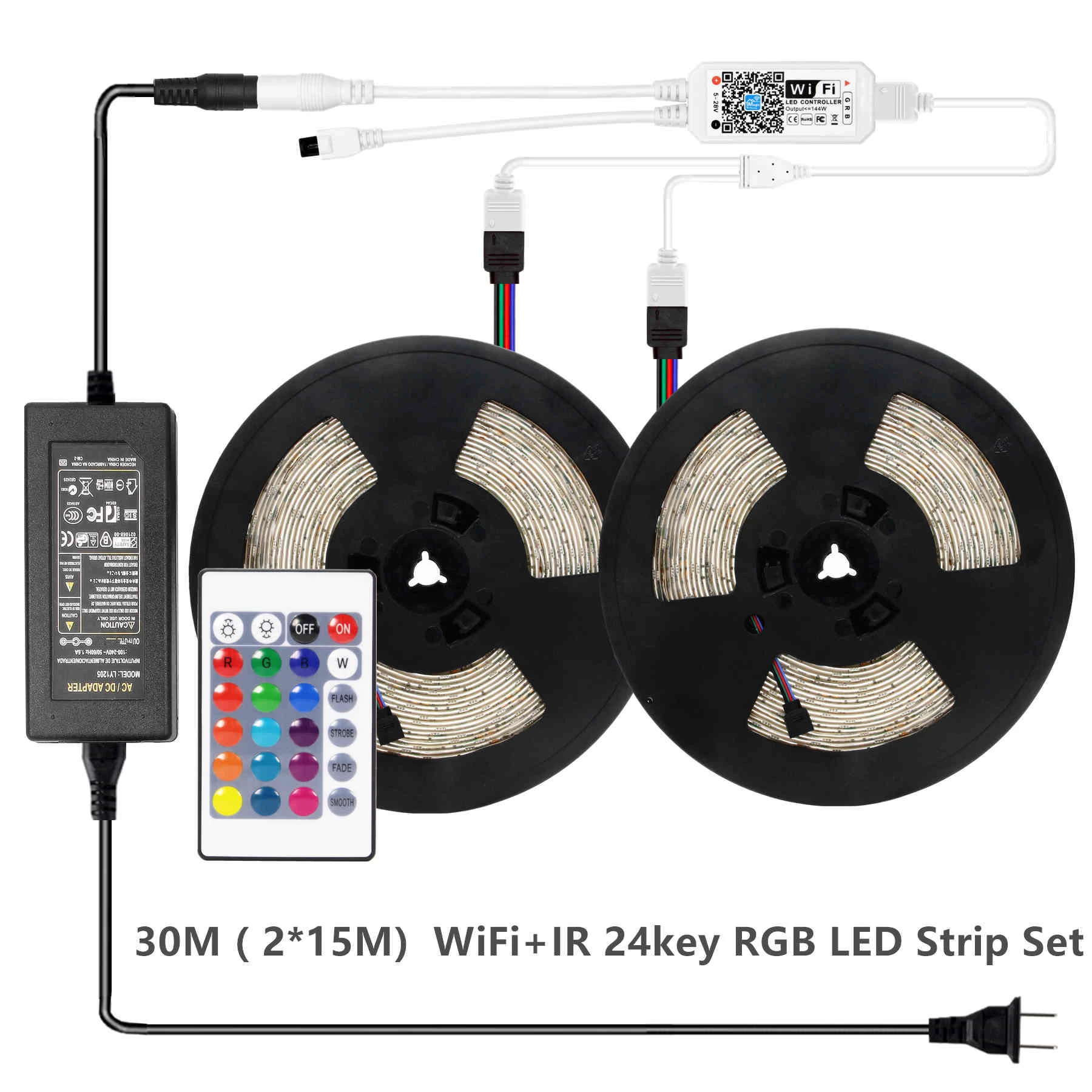 WiFi 30M Set 15M WiFi LED Strip Light RGB Tape Diode Neon Ribbon tira fita SMD 5050 30M Flexible Light String With WiFI Controller adapter - Emitting Color: WiFi 30M Set