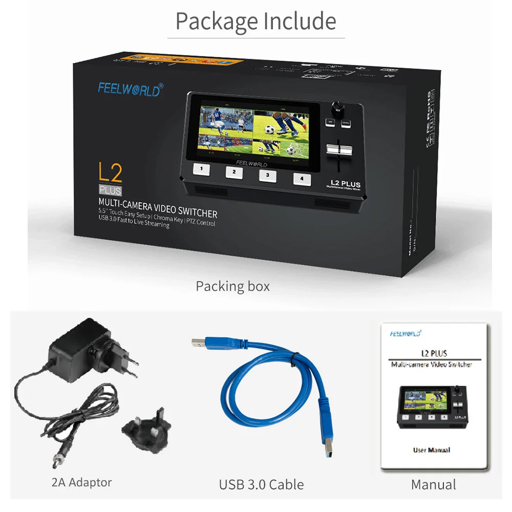 FEELWORLD L2 PLUS 5.5" LCD Multi-camera Video Mixer Switcher With Touch Screen PTZ Control Chroma Key USB3.0 For Live Streaming |