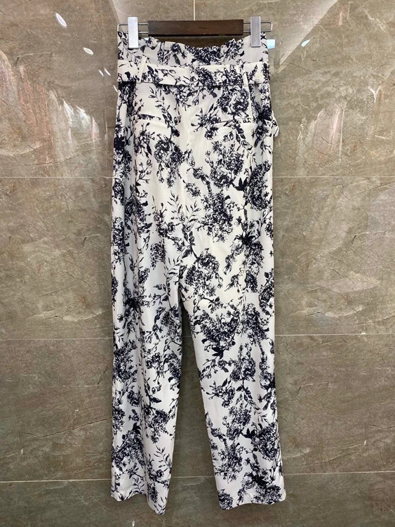 

2021 spring new women's belt printing pattern color matching decoration versatile pants casual pants 305