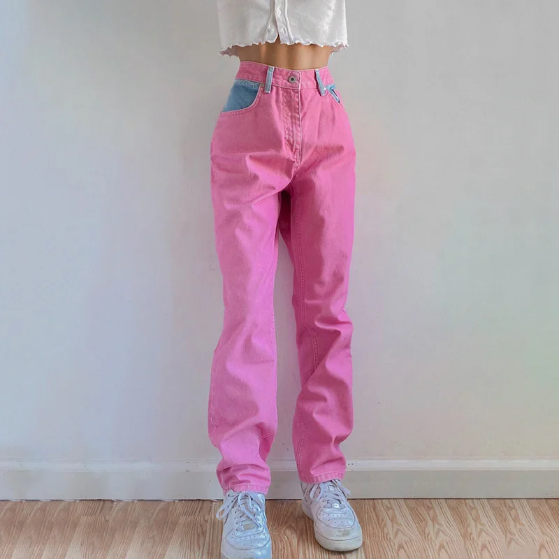 

Casual Pink Patchwork Jeans Women Autumn Vintage Elegant Straight Denim Trousers Ladies Fashion Skinny Pants s