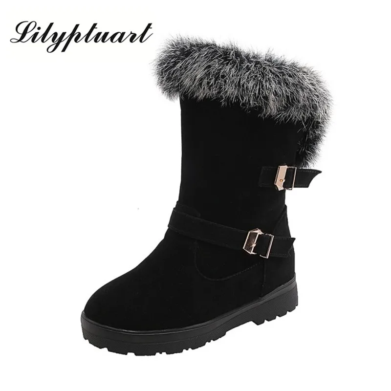 

Женские зимние сапоги на толстой средней подошве, сапоги большого размера с ремешком и пряжкой, из натурального кроличьего меха, увеличенны...
