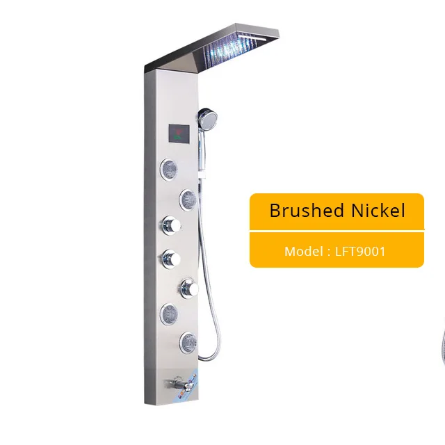 Brushed Nickel 9001A Роскошный светодиодный смеситель для душа, матовый никель, спа Массажная струйная душевая панельная башня, кран с цифровым температурным экраном для ванной комнаты - Цвет: Brushed Nickel 9001A