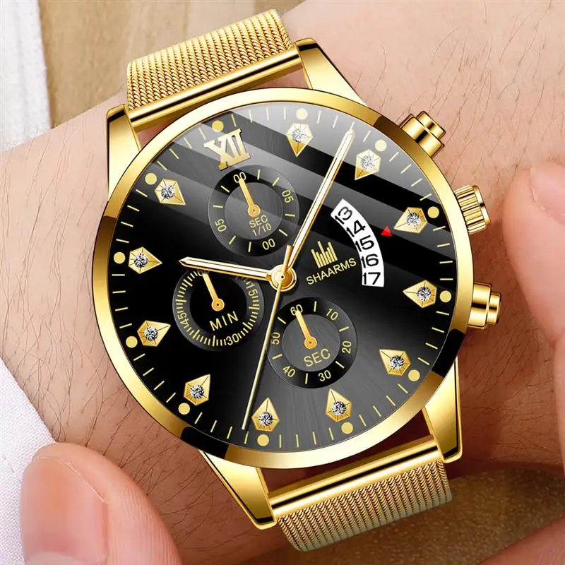 SHAARMS Классические кварцевые часы с сетчатым ремешком из нержавеющей стали