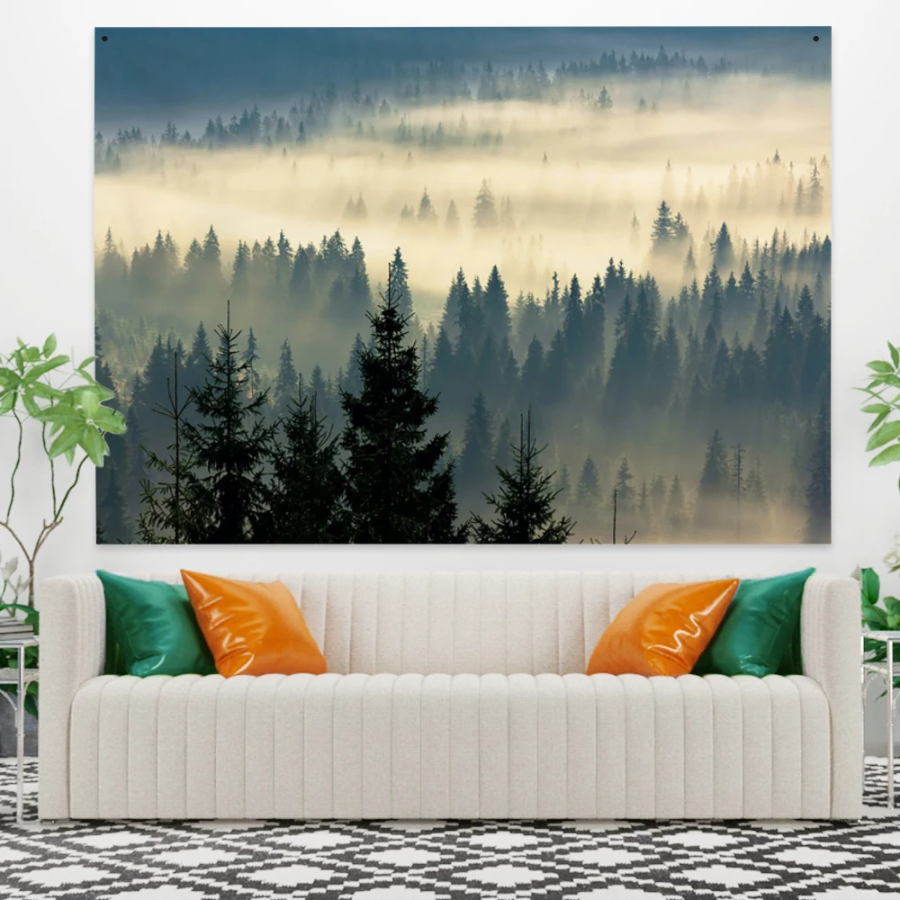 

Laeacco Natural Scenery Foggy Forest Tapestry Wall Hanging Gray Landscape Dorm Tapestry Wall Decor Carpet Psychedelic