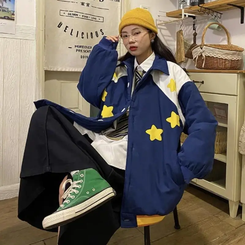 

Spring and autumn Harajuku jacket men's and women's Korean loose retro BF patchwork contrast student Baseball Jacket thickened