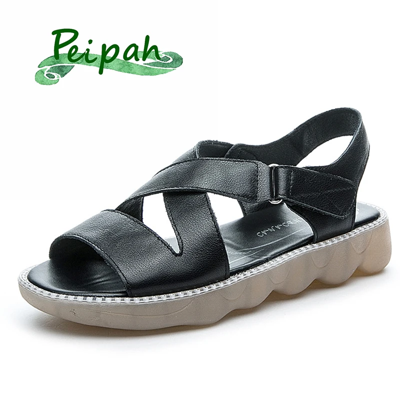 

PEIPAH Women's Soft Bottom Genuine Leather Sandals For Women Summer Flat With Non-slip Mothers' Shoes Woman Retro Solid Footw