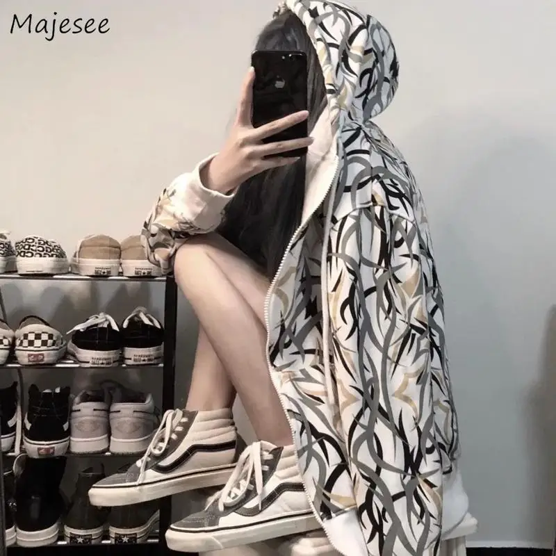 

Basic Jacket Women Hooded Printed Spring Coats Harajuku Korean Style Hip Hop Loose Unisex All-match Streetwear Fashion Chic Teen