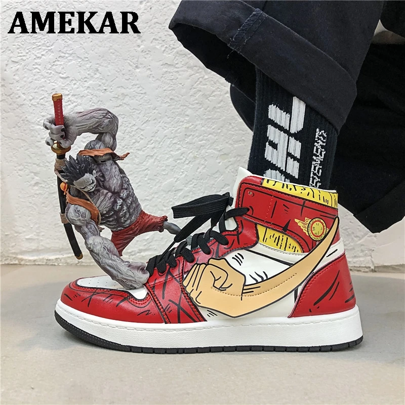 

Кеды мужские высокие, Вулканизированная подошва, мультяшный рисунок, на шнуровке, дышащие кроссовки для тренировок, повседневная обувь