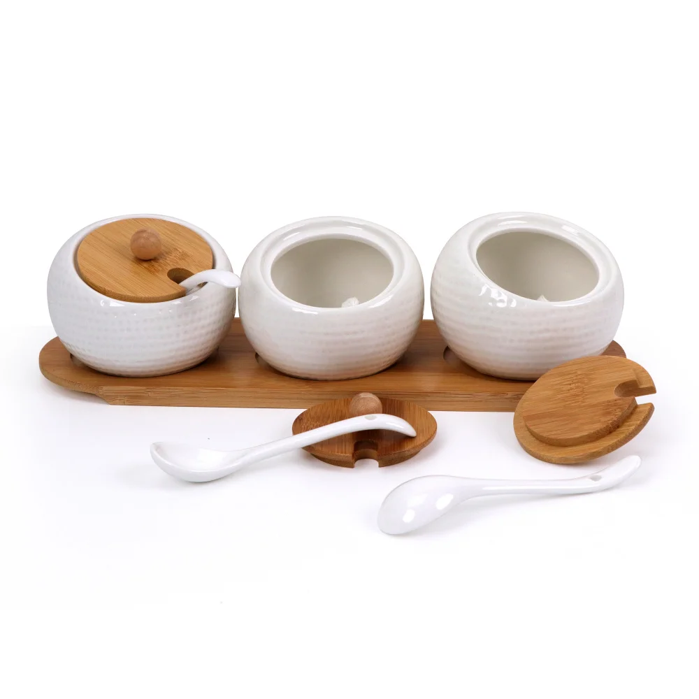  - Set of 3 Ceramic Condiment Jar Spice Container with Bamboo Lid Porcelain Spoon Wooden Tray Spice Storage Box for Home Kitchen