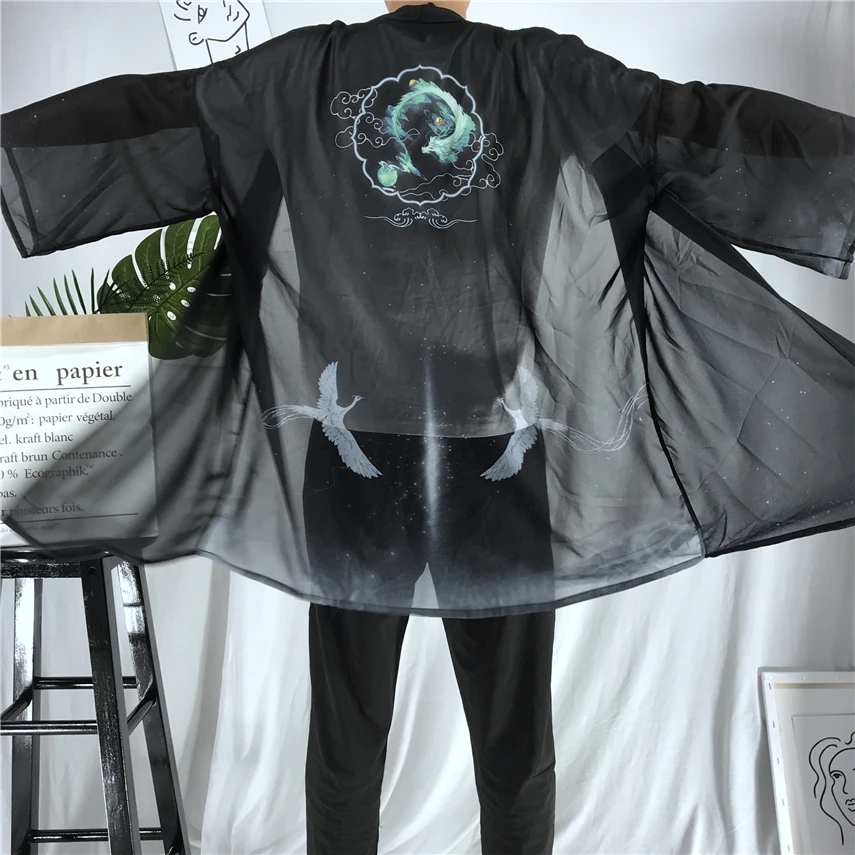 Японская традиционная одежда Женская Мужская модная уличная прозрачный шифон