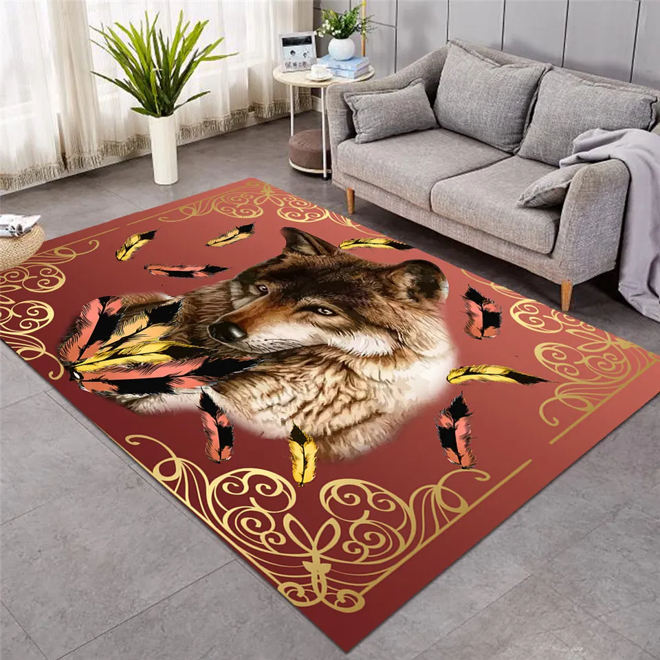 

New Royal Wolf Feather by Ismot Esha Floor Mat Dark Red Carpet Tribal Area Rug for Living Room Animal Center Rug Fashion Mat