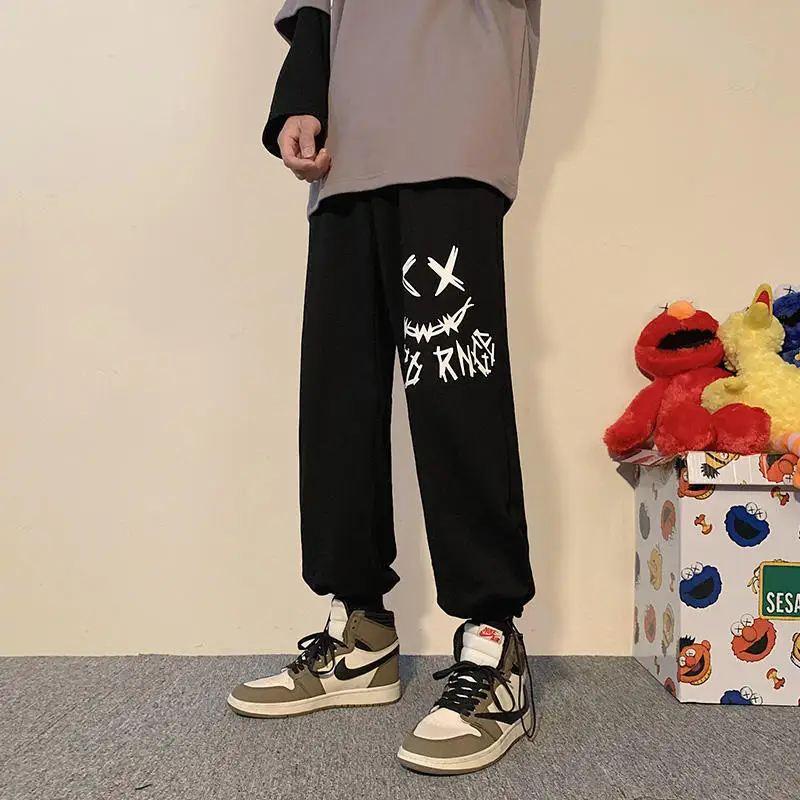 

Модные мужские спортивные брюки Smile Face, осенне-зимние повседневные свободные брюки с завышенной талией и завязками, 2021