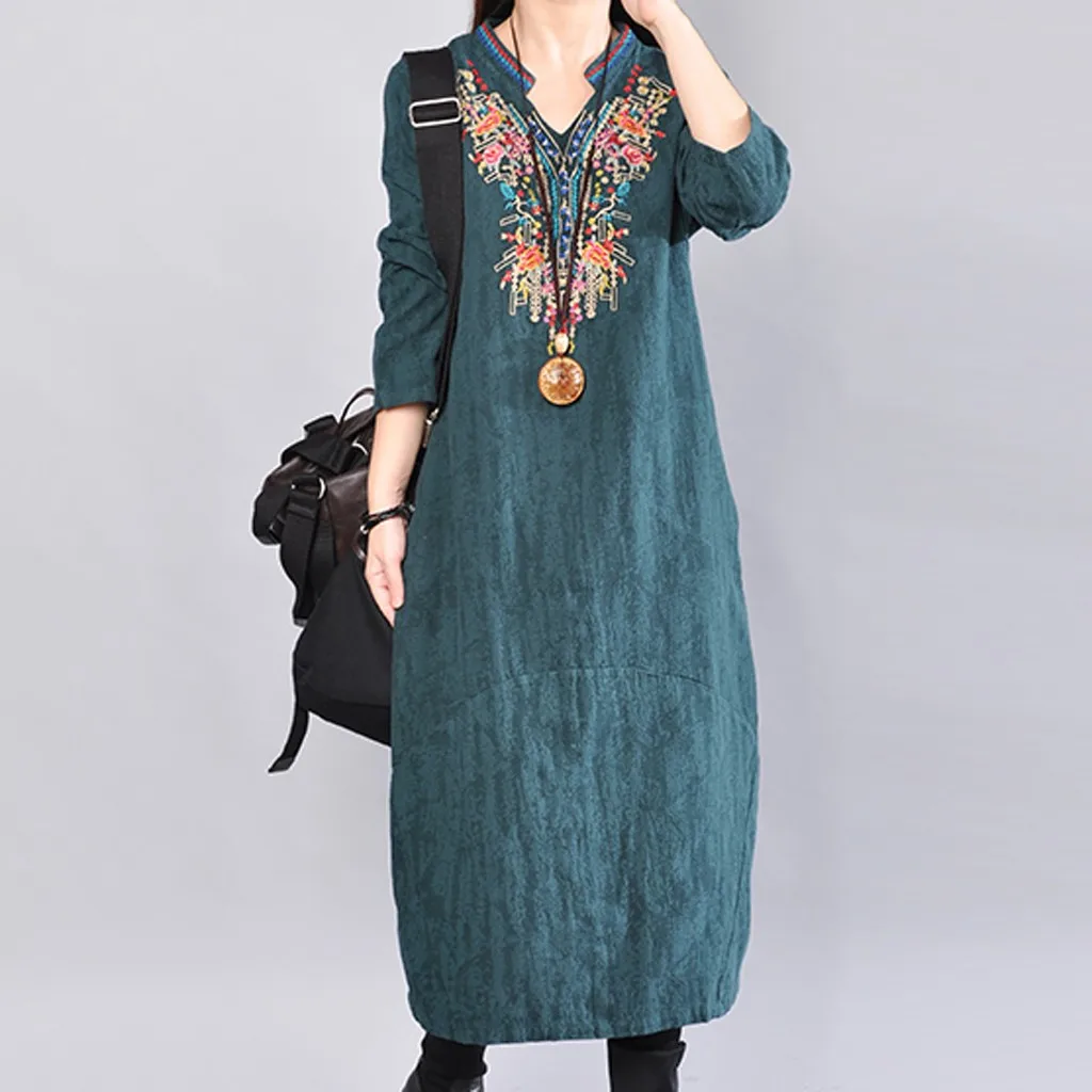 Женское платье с вышивкой зимнее повседневное Свободное длинное в винтажном