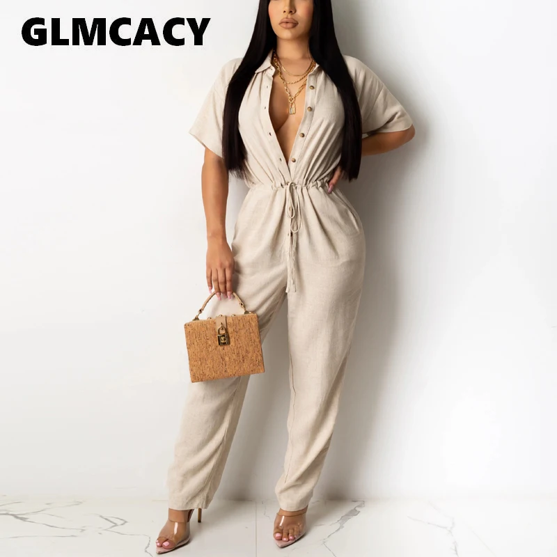 Женские повседневные однотонные льняные Комбинезоны на пуговицах размера плюс