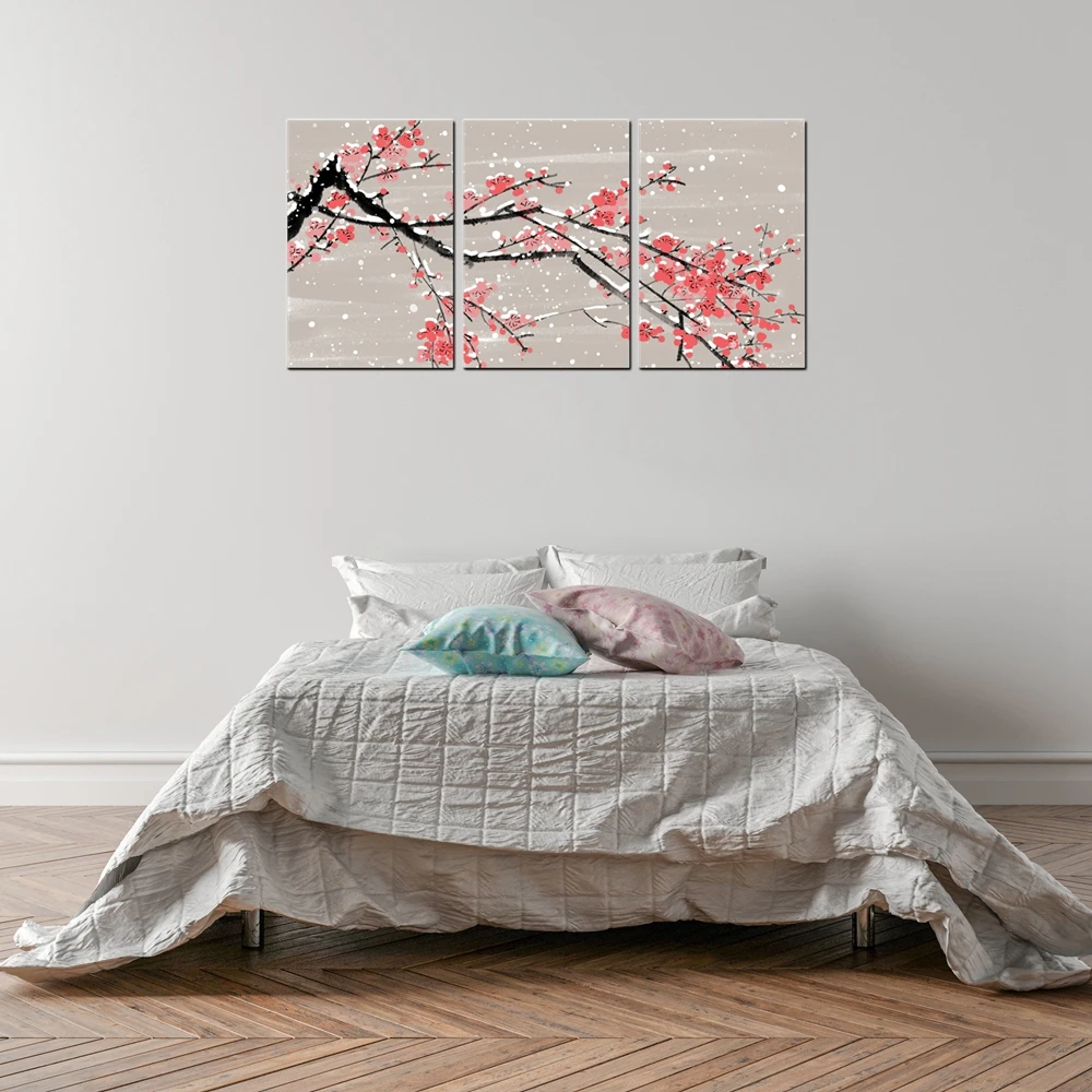 HD Печать китайская чернильная Живопись Стиль Пейзаж Гора и цветение сливы Сакура