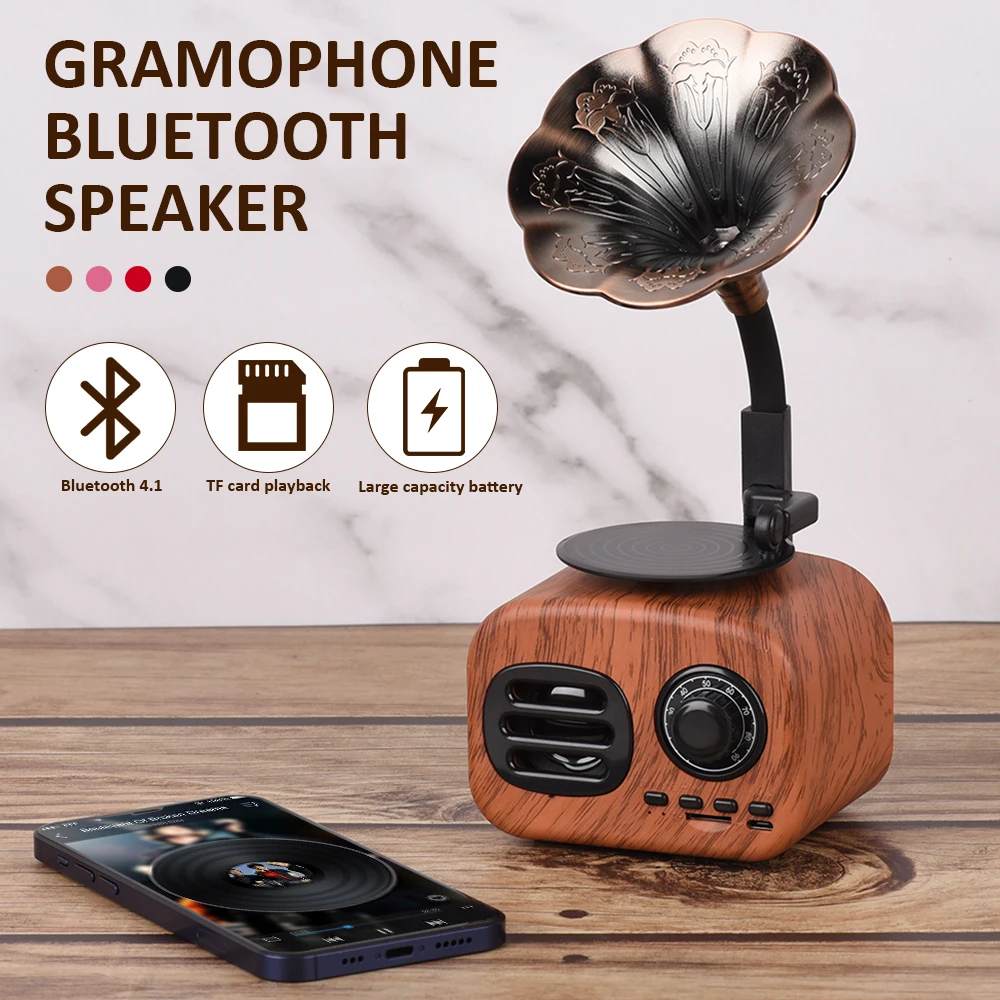 

Wireless Bluetooth Speaker Retro Vintage Gramophone Shape Portable USB Interface Card Bluetooth Speaker Travel Home Office