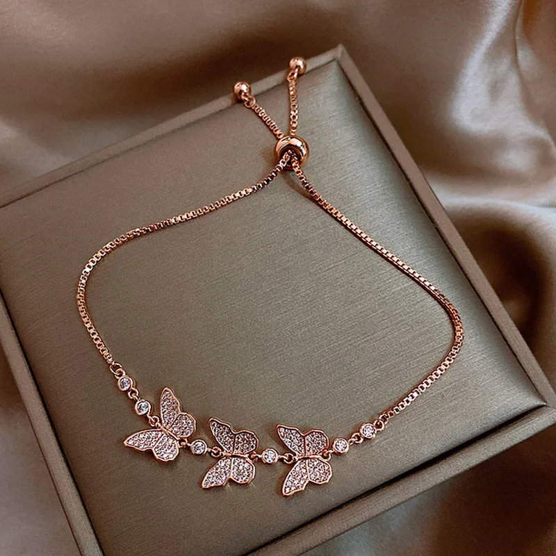 

Korean New Fashion Zircon Butterfly Bracelet Cute Crystal Stone Female Elegant Accessories Party Copper Jewelry Statement Gift
