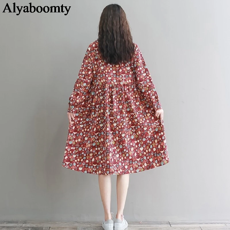 

Japanese Mori Girl Autumn Spring Women Midi Dress Peter Pan Collar Floral Printed Vintage Vestidos Cotton Linen Elegant Dresses