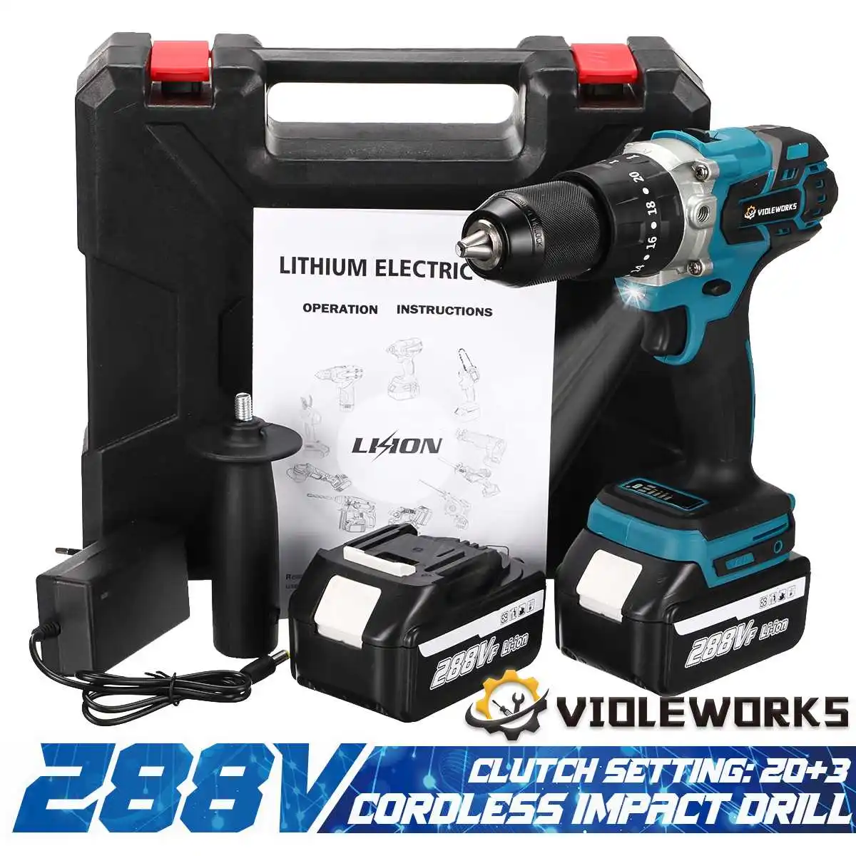 

288VF 13mm Cordless Impact Drill 350N.m Brushless Impact Drill 19800mAh Battery Impact Drill Screwdriver For Makita Battery