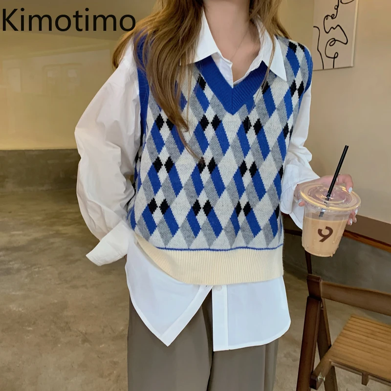 

Kimotimo Argyle Knit Vest Women V-neck Color Matching Casual Sweater Vests Autumn Korean Fashion Outwear All-match Waistcoat