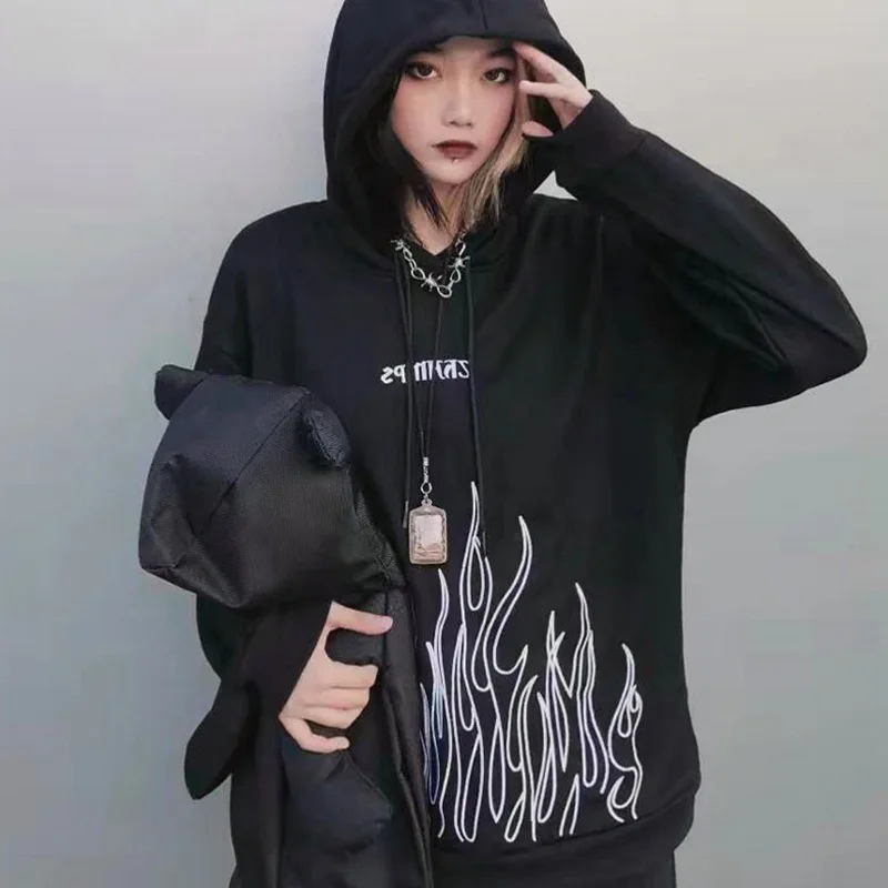 

Женская толстовка с капюшоном и надписью в виде пламени, женская одежда на осень и зиму 2021, утепленное плюшевое пальто для пары в стиле High ...