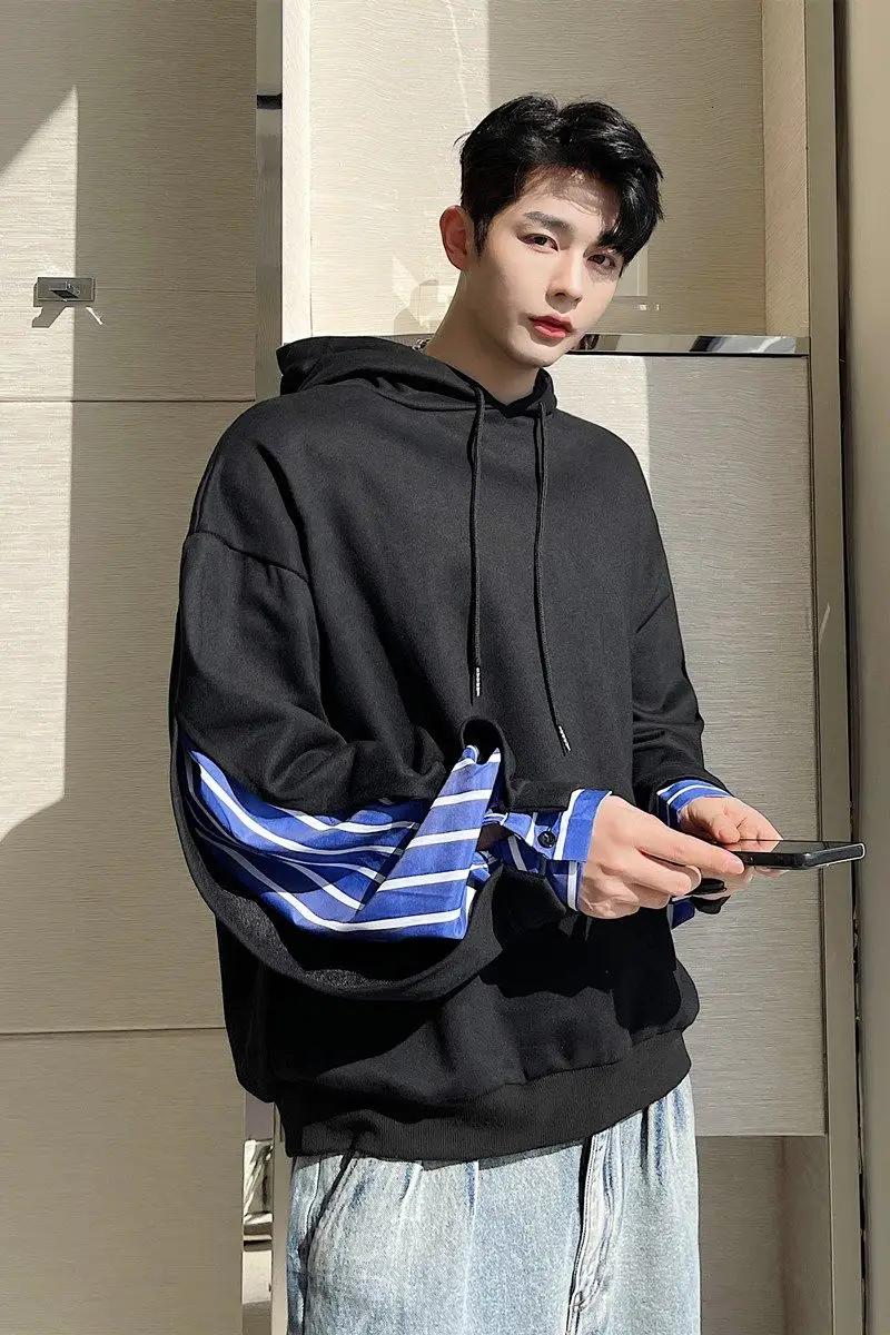 

IEFB Korean Design Trend Contrast Color Striped Patchwork Hooded Sweatshirts For Men Casual Fashion Pullover Oversized Tops