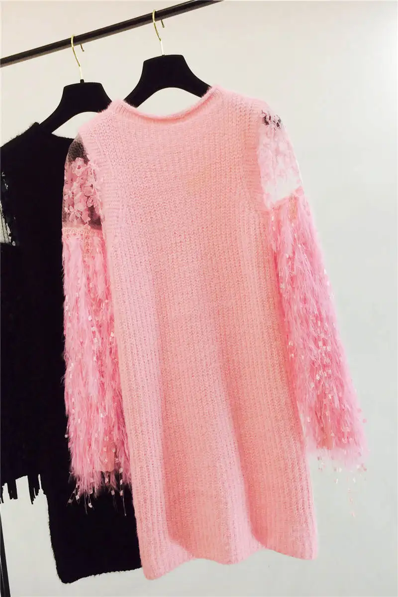 2019 new lace stitching perspective fringed sleeve sweater Lantern skirt long coat tide | Женская одежда