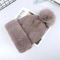 top quality womens winter knitted wool belend patchwork real mink fur hat cap natural fox fur pom poms beanie lady fashion