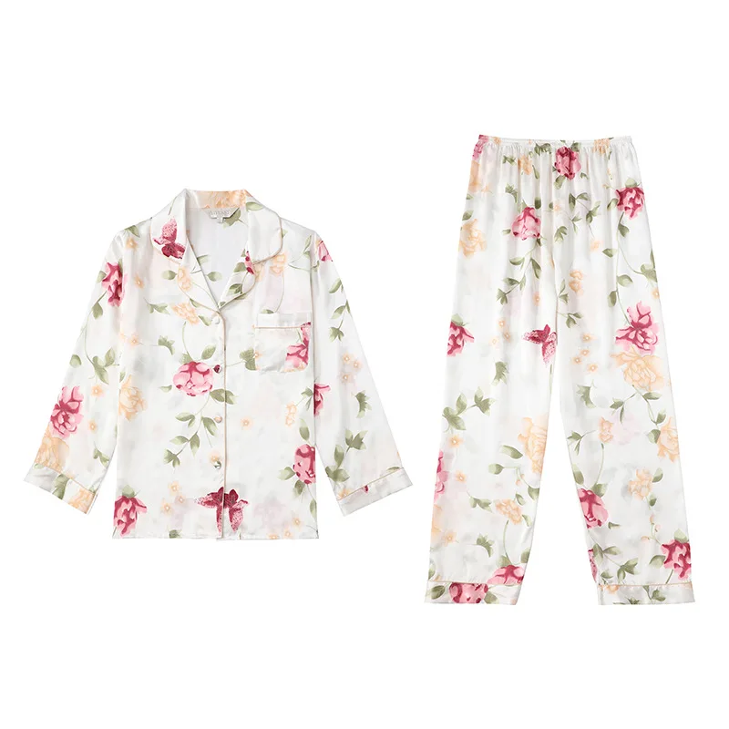 Women's Silk Pajamas 100% Pure Silk Spring and Fall Large Size Two-Piece Suit Long Sleeve Tracksuit