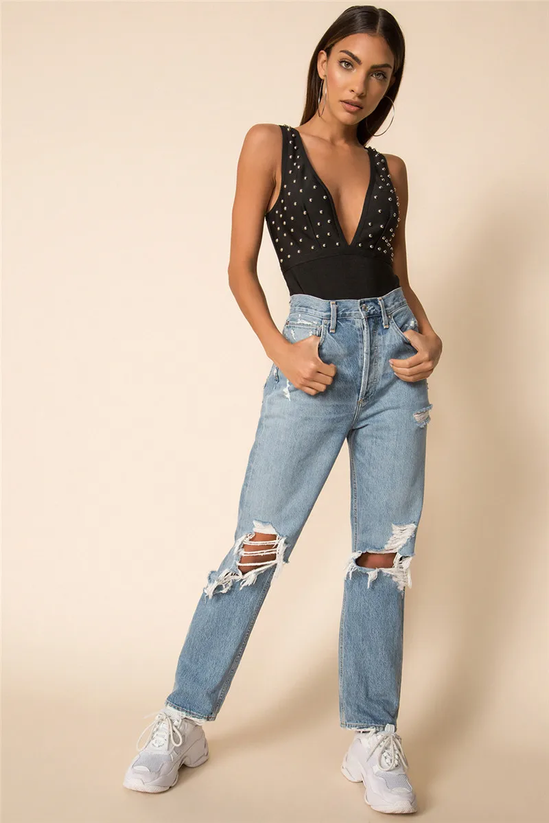 Sexy Rivet Party Bandage Bodysuits 2021 New Arrivals Women V Neck Nightclub Rompers Black Ladies Skinny Playsuits bodysuits