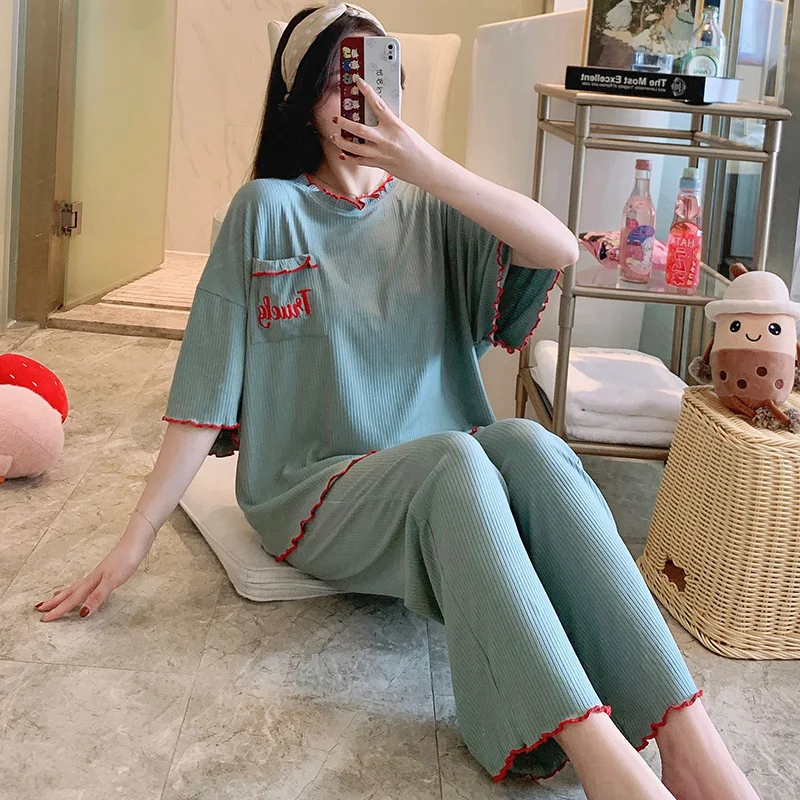 

Зеленая пижама для женщин, летний простой тонкий костюм из модала, милые весенне-осенние брюки с коротким рукавом, можно носить дома