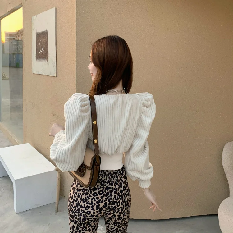 

Corduroy Coat Korean Puff Long Sleeve Women Jacket 2021 Spring New Single Breasted Solid Short Outerwear