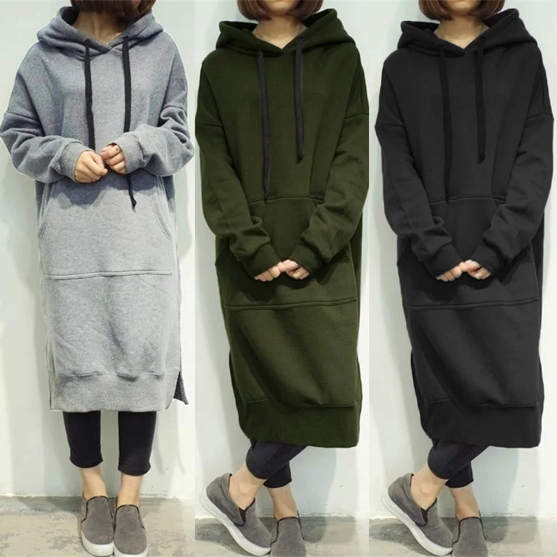 

Women's Casual Loose Long Hoodies Autumn Indie Solid Color Sweatshirt Hooded Sweatshirt Dress Home Hoodies Streetwear Grey Black
