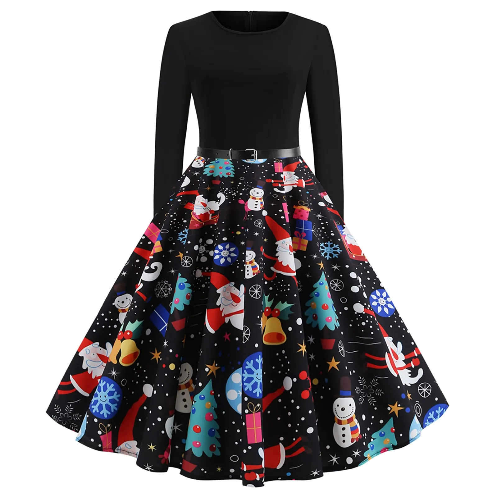 

Casual Plus Size Print Black Winter Christmas Dresses Women 1950s Vintage Robe Swing Pinup Elegant Party Dress Long Sleeve