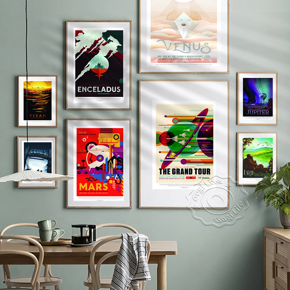 

Space Travel Vintage Art Poster, Ceres Mars Prints Poster, Enceladus Earth Jupiter Wall Art, Universe Expedition Retro Decor