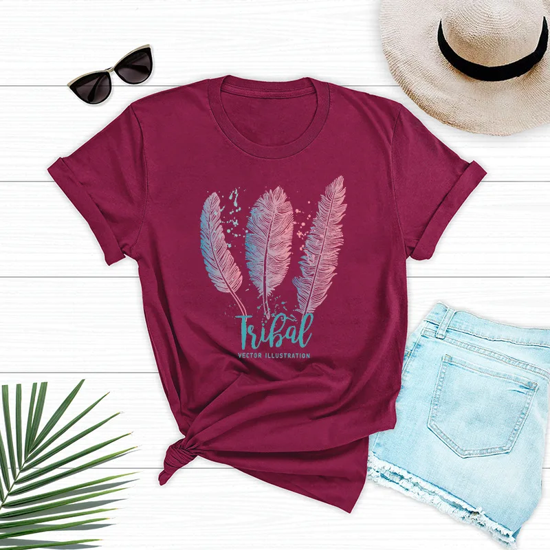 

Women Summer T shirt Cotton Plus Size 5XL Loose Casual Short Sleeve Feather Print t-shirts Fashion Ladies Basic Tee Shirts Tops