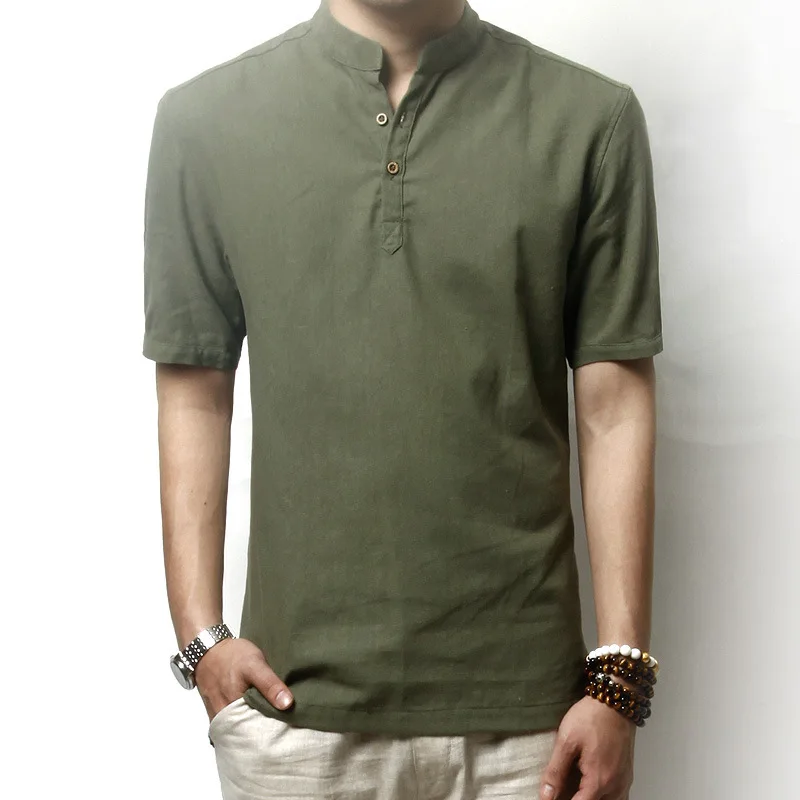 

Summer Cotton Linen Short-sleeved Shirt Male Chinese Style Loose Large Size Men's Shirt Casual Stand Collar Camisas Para Hombre