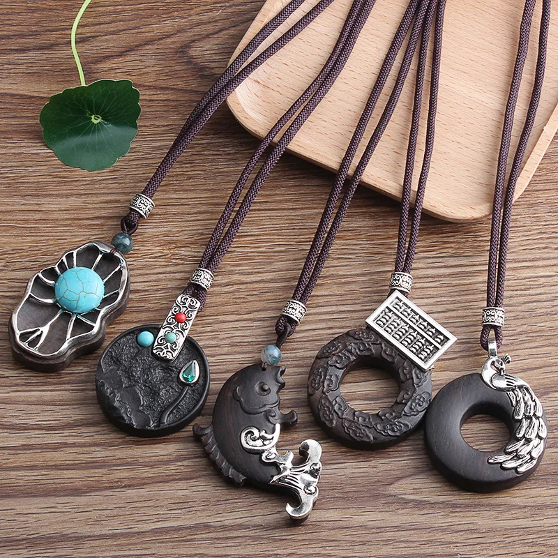 Retro Ethnic Ebony Pendant Long Necklaces for Women Lotus Natural Stone Peacock Abacus Carp Peony Fish Tulip Sweater Chain Gifts | Украшения