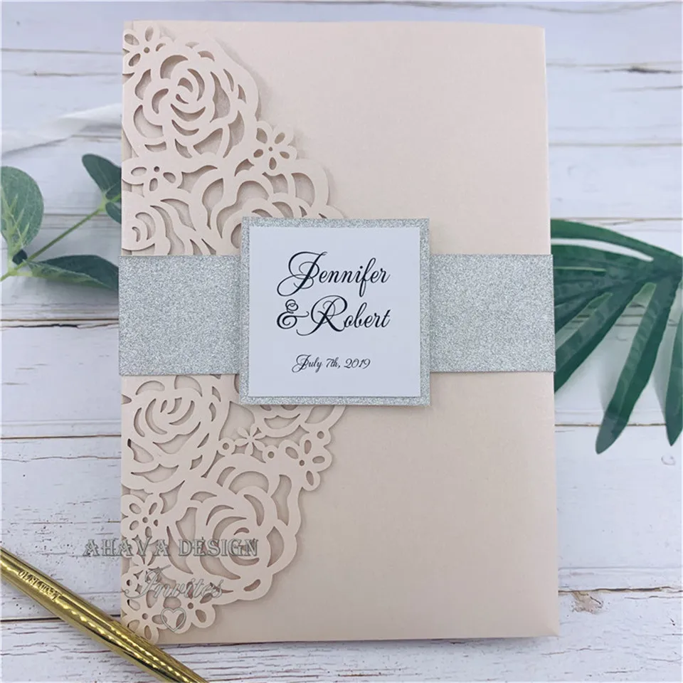 Beautiful Luxury Blush Laser Cut Wedding Invitation Folder, Invitation RSVP Suite Die cut